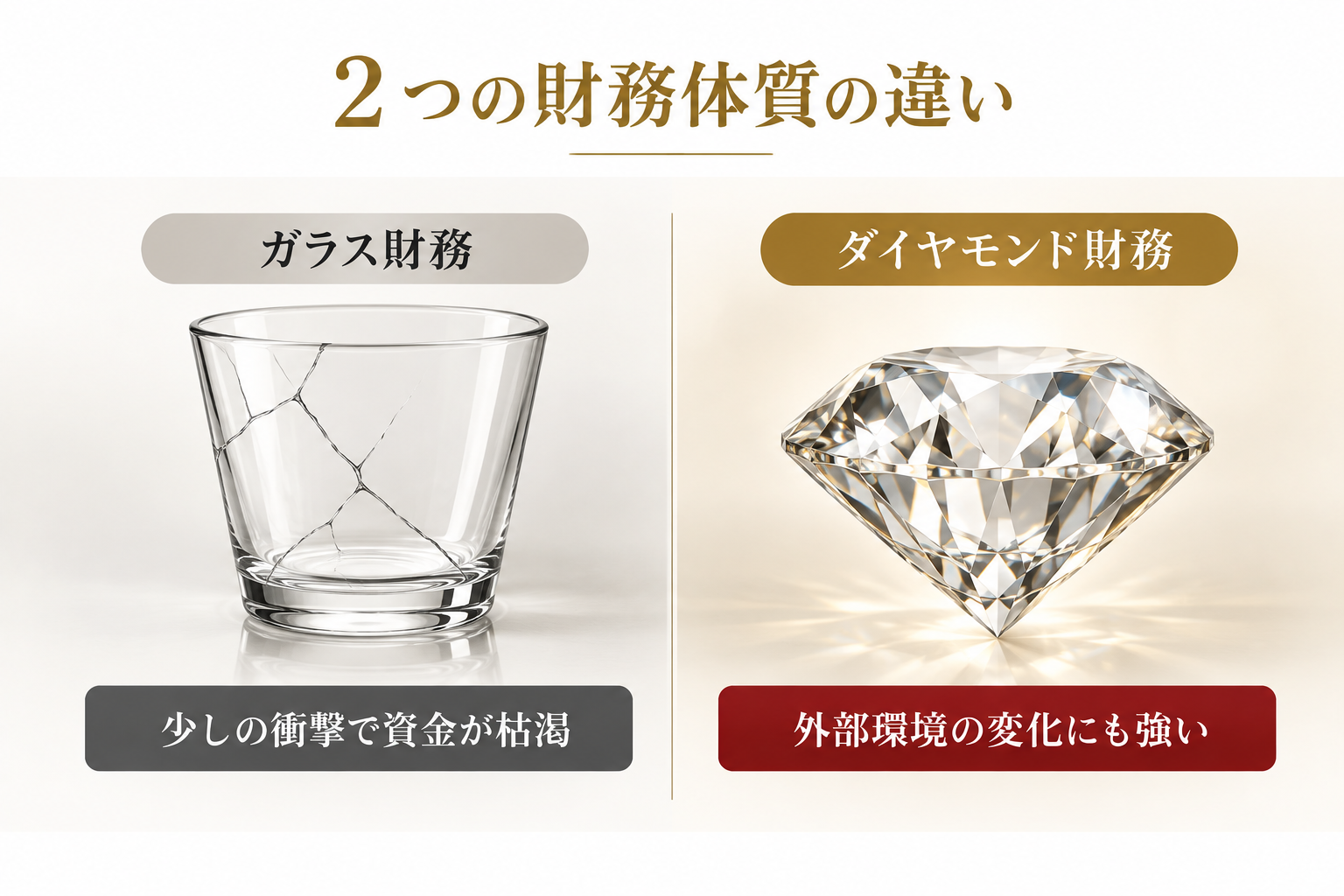 ガラス財務とダイヤモンド財務の違いを比較したイメージ画像